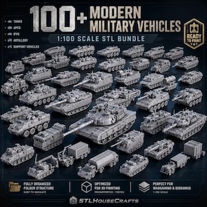 May include: A display of grey 3D-printed modern military vehicles, including tanks, APCs, IFVs, artillery, and support vehicles. The image features the text "100+ MODERN MILITARY VEHICLES 1:100 SCALE STL BUNDLE" and "READY TO PRINT". The models are designed for wargaming and dioramas.