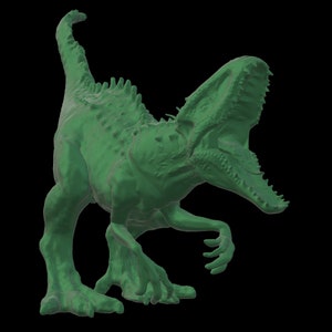 May include: A green dinosaur toy with a large mouth and sharp teeth. The dinosaur is standing on all fours with its tail raised.