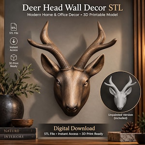 Puede incluir: Una descarga digital para un modelo de decoración de pared de cabeza de ciervo imprimible en 3D. La imagen muestra una escultura de cabeza de ciervo marrón texturizada y un recuadro circular que muestra una versión blanca sin pintar.