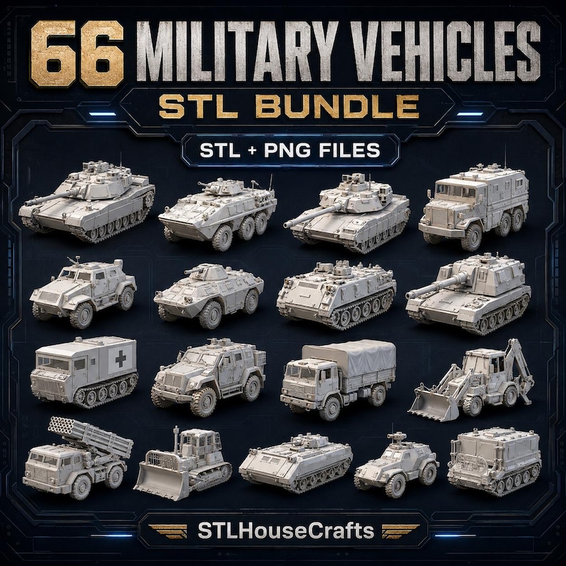 May include: A digital collection of 66 military vehicles in an STL bundle, including STL and PNG files. The image displays various grey 3D models of tanks, trucks, armoured personnel carriers, and construction equipment labelled STLHouseCrafts.