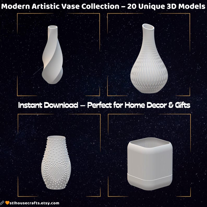 Pode incluir: Quatro vasos brancos modelados em 3D com designs &uacute;nicos. A imagem inclui o texto: "Modern Artistic Vase Collection - 20 Unique 3D Models" e "Instant Download - Perfect for Home Decor & Gifts."