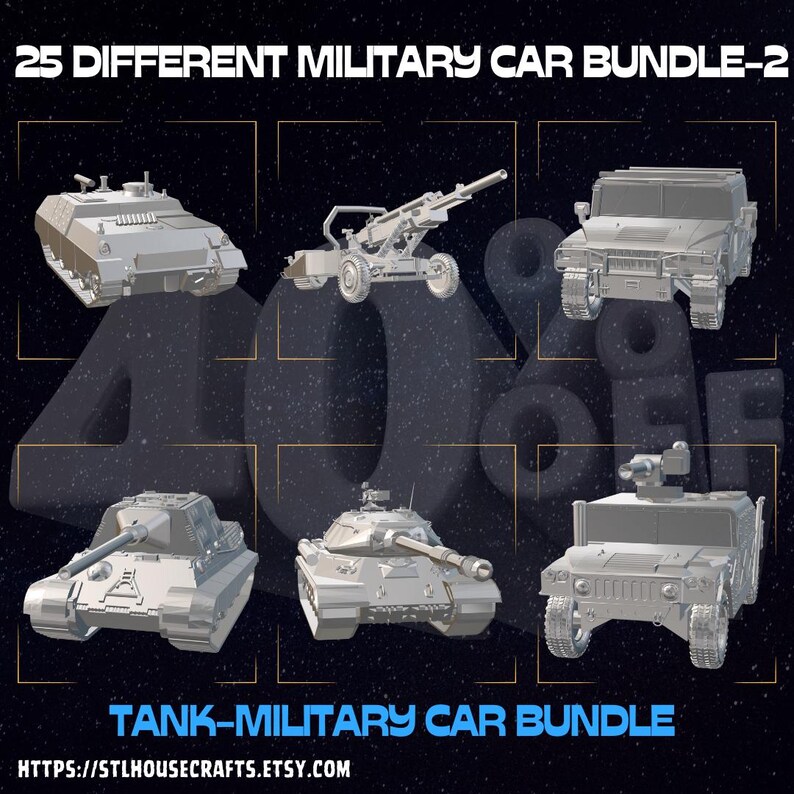 May include: A collection of 25 different 3D printable military vehicle models, including tanks, humvees, and artillery. The models are all in a gray color and are shown in a grid layout. The text "TANK-MILITARY CAR BUNDLE" is displayed at the bottom of the image. The text "25 DIFFERENT MILITARY CAR BUNDLE-2" is displayed at the top of the image.