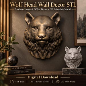 May include: A bronze-colored wolf head wall decor piece and a smaller white wolf head sculpture. The text reads: Wolf Head Wall Decor STL, Modern Home & Office Decor, 3D Printable Model, Digital Download, STL File, Instant Access, 3D Print Ready.