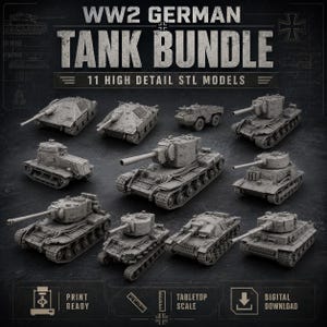 Könnte beinhalten: Ein Bild, das ein Bundle von elf detaillierten STL-Modellen deutscher Panzer aus dem Zweiten Weltkrieg zeigt. Die Panzer sind in Graustufen dargestellt und für den Tabletop-Maßstab konzipiert. Der Text "WW2 GERMAN TANK BUNDLE" wird oben im Bild angezeigt.