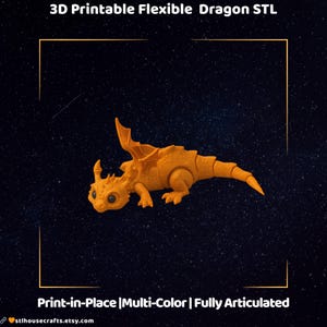 Articulated Cute Dragon STL – Flexible 3D Printable Baby Dragon, Print-in-Place, No Supports, Kawaii Fantasy Toy Model