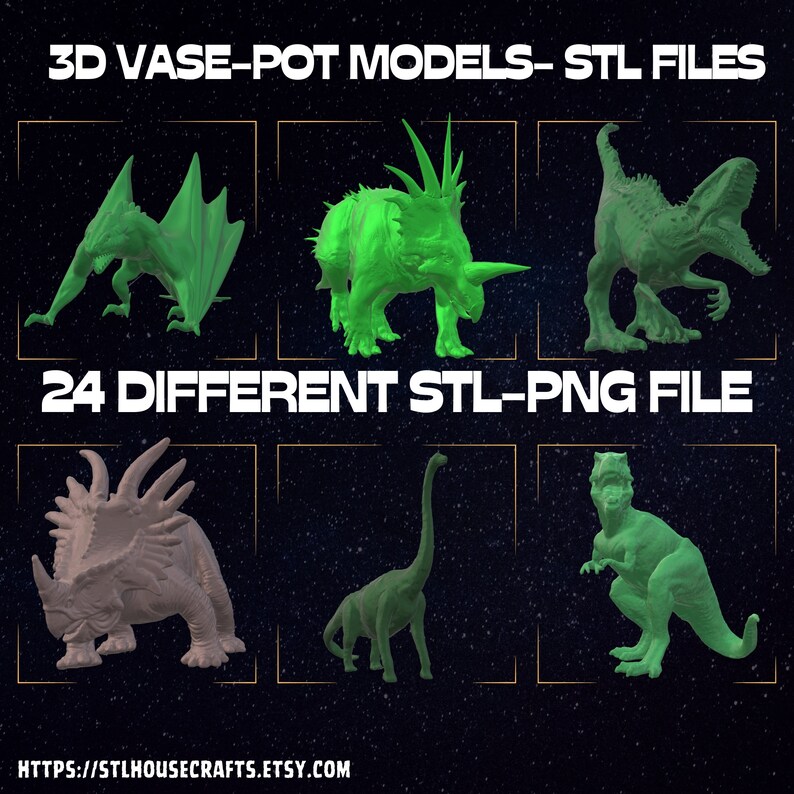 May include: A collection of 24 3D printable vase and pot models in STL format. The models feature various dinosaur designs, including a green dragon, a green triceratops, a green T-Rex, a gray stegosaurus, a green brachiosaurus, and a green velociraptor. The image also includes the text "3D VASE-POT MODELS-STL FILES" and "24 DIFFERENT STL-PNG FILE".