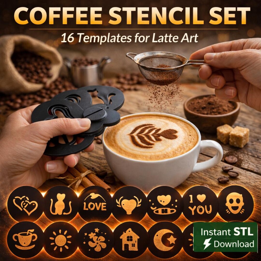 Coffee Stencil Bundle STL – 16 Designs for DIY Espresso Art (digital ...