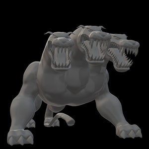 May include: A three-headed gray dog sculpture with its mouth open and teeth showing. The sculpture is posed in a standing position with its front legs extended.