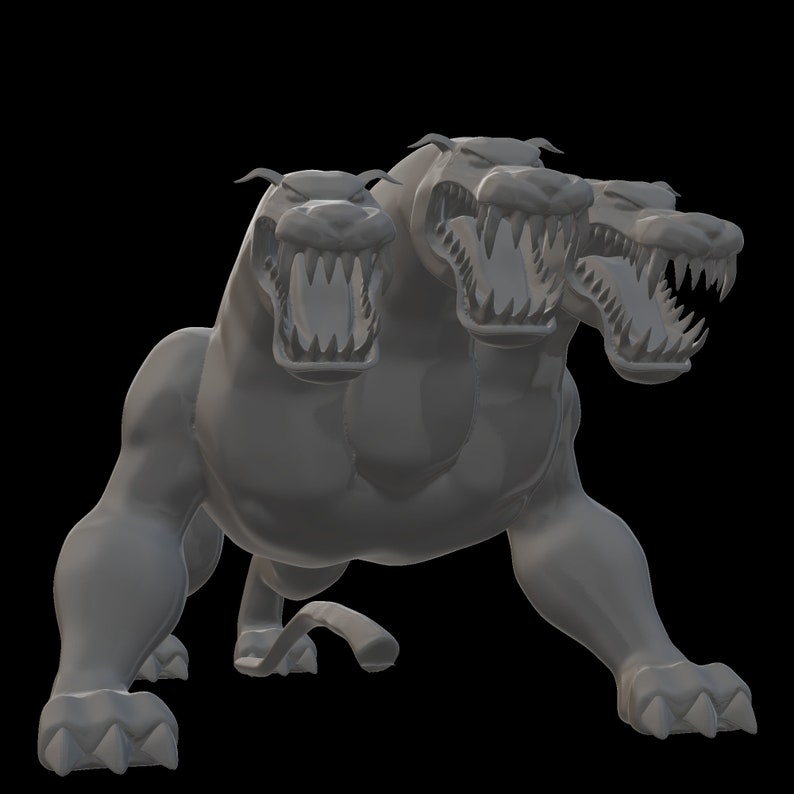 May include: A three-headed gray dog sculpture with its mouth open and teeth showing. The sculpture is posed in a standing position with its front legs extended.
