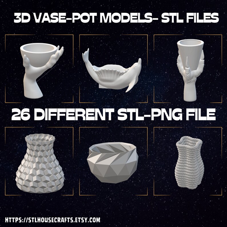 Op de afbeelding: Een verzameling van 26 3D-printbare vaas- en potmodellen in STL-formaat. De modellen zijn in wit weergegeven en hebben een verscheidenheid aan stijlen, waaronder geometrische, organische en grillige ontwerpen. De afbeelding bevat ook de tekst "3D VASE-POT MODELS-STL FILES" en "26 DIFFERENT STL-PNG FILE".