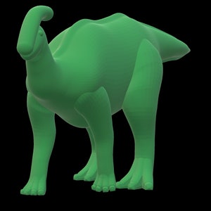 May include: A 3D model of a green dinosaur with a long neck and a curved head. The dinosaur has four legs and a long tail.