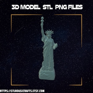 May include: A 3D model of the Statue of Liberty in a light green color. The statue is holding a torch and a tablet. The image includes the text "3D MODEL STL PNG FILES" and the Etsy shop URL.