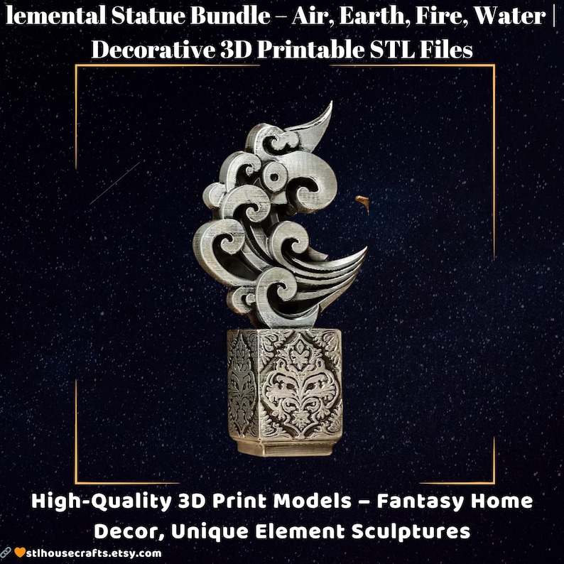 May include: A silver-colored, decorative statue of swirling clouds and waves, mounted on a patterned base. The image includes text that reads "Elemental Statue Bundle - Air, Earth, Fire, Water" and "High-Quality 3D Print Models - Fantasy Home Decor, Unique Element Sculptures."