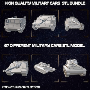 Può includere: Un'immagine digitale che mostra un pacchetto STL di auto militari. L'immagine presenta sei diversi modelli di veicoli militari, tra cui carri armati e veicoli blindati. Il testo in alto recita "HIGH QUALITY MILITARY CARS STL BUNDLE". Il testo al centro recita "67 DIFFERENT MILITARY CARS STL MODEL".