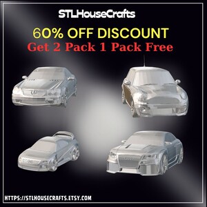 May include: A digital download of 3D printable car models. The image shows four different car models: a Mercedes-Benz, a Mini Cooper, an Audi, and another Audi. The text on the image reads "STLHouseCrafts 60% OFF DISCOUNT Get 2 Pack 1 Pack Free HTTPS://STLHOUSECRAFTS.ETSY.COM".