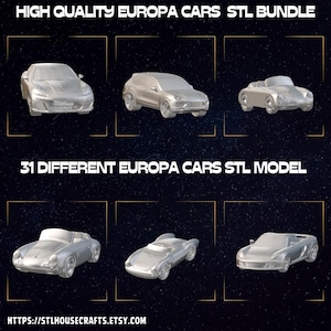 Puede incluir: Imagen de arte digital con seis modelos de coches Europa plateados. El texto en la parte superior dice "HIGH QUALITY EUROPA CARS STL BUNDLE" y el texto en el medio dice "31 DIFFERENT EUROPA CARS STL MODEL". La dirección del sitio web está en la parte inferior.