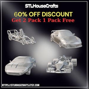 May include: A digital image showing four 3D printed car models. The models are silver in color and are arranged in a square pattern. The text "STLHouseCrafts" is at the top of the image. The text "60% OFF DISCOUNT Get 2 Pack 1 Pack Free" is in the middle of the image. The text "HTTPS://STLHOUSECRAFTS.ETSY.COM" is at the bottom of the image.