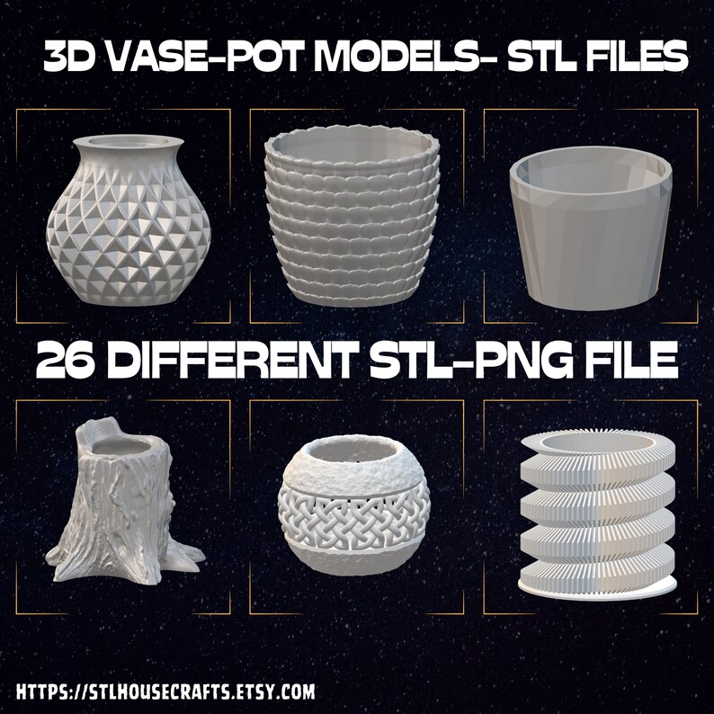 Op de afbeelding: Een verzameling van 26 3D-printbare vaas- en potmodellen in STL-formaat. De modellen kenmerken zich door een verscheidenheid aan stijlen, waaronder geometrische, textuurrijke en organische ontwerpen.  3D VASE-POT MODELS-STL FILES. 26 DIFFERENT STL-PNG FILE. HTTPS://STLHOUSECRAFTS.ETSY.COM