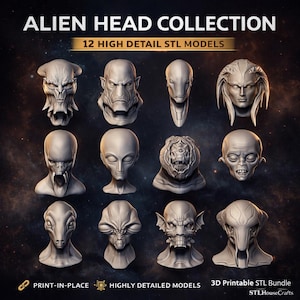 12 Alien Head STL Files – High Detail Sci-Fi Bust Collection – 3D Printable Bundle