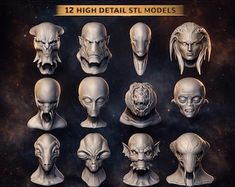 12 archivos STL de cabezas de extraterrestres: colección de bustos de ciencia ficción con gran detalle (paquete imprimible en 3D)