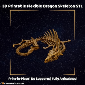 Może przedstawiać: Złoty, ruchomy szkielet smoka, wydrukowany w 3D. Obraz zawiera tekst "3D Printable Flexible Dragon Skeleton STL" oraz "Print-in-Place | No Supports | Fully Articulated". Widoczna jest również nazwa sklepu Etsy "stihousecrafts.etsy.com".