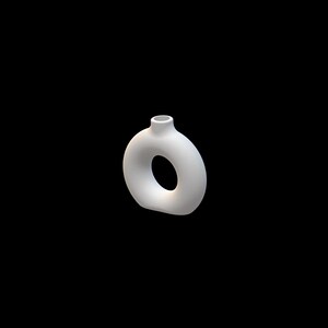 Pode incluir: Um vaso de cer&acirc;mica branco com um design &uacute;nico em forma de donut. O vaso tem um pesco&ccedil;o pequeno e cil&iacute;ndrico e um corpo arredondado com uma grande abertura circular no centro. O design minimalista est&aacute; em um fundo preto.
