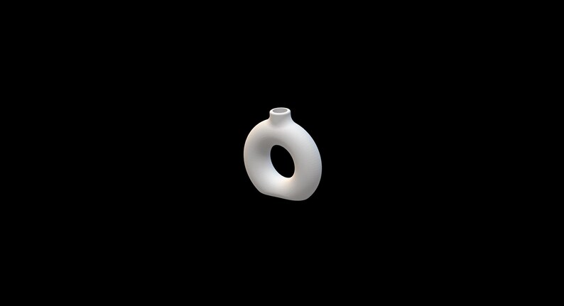 Pode incluir: Um vaso de cer&acirc;mica branco com um design &uacute;nico em forma de donut. O vaso tem um pesco&ccedil;o pequeno e cil&iacute;ndrico e um corpo arredondado com uma grande abertura circular no centro. O design minimalista est&aacute; em um fundo preto.