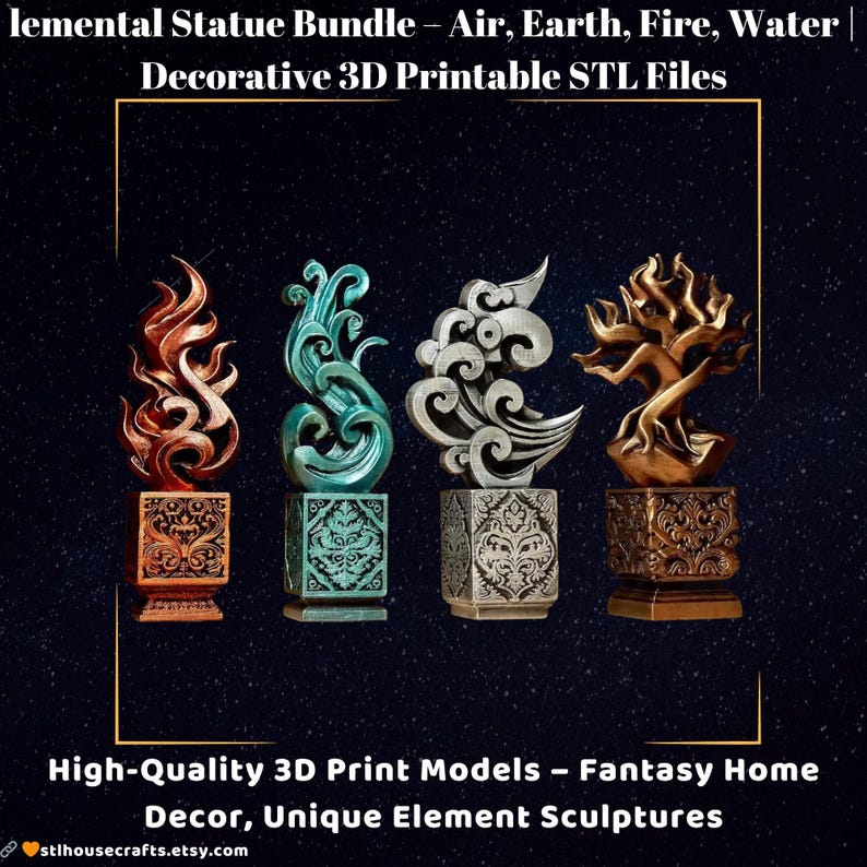 May include: A collection of four elemental statues, each with a unique design representing air, earth, fire, and water. The statues are in shades of bronze, teal, and silver, and are displayed on decorative bases. The text reads "Elemental Statue Bundle".