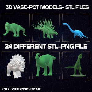 May include: A collection of 24 3D printable dinosaur models in STL and PNG file formats. The models are in various colors, including green, blue, and white. The image includes the text "3D VASE-POT MODELS-STL FILES" and "24 DIFFERENT STL-PNG FILE".
