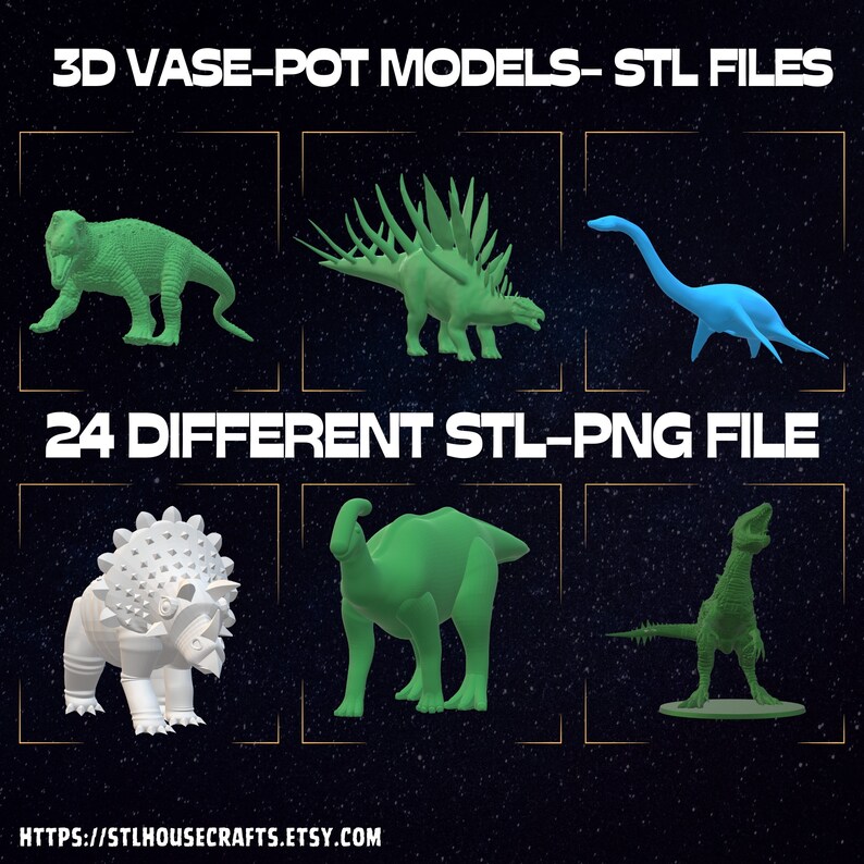 May include: A collection of 24 3D printable dinosaur models in STL and PNG file formats. The models are in various colors, including green, blue, and white. The image includes the text "3D VASE-POT MODELS-STL FILES" and "24 DIFFERENT STL-PNG FILE".