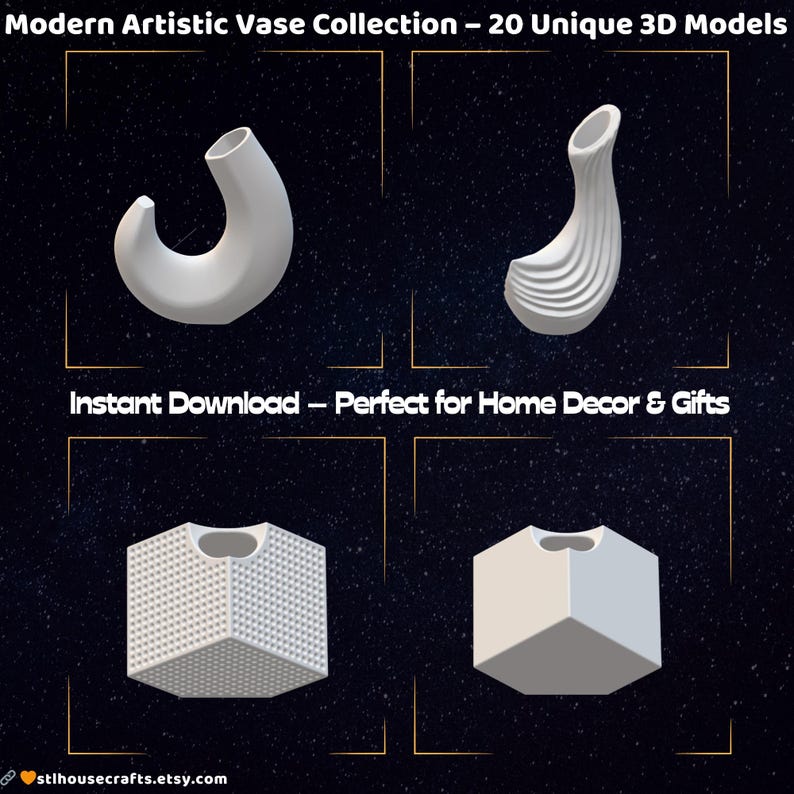Pode incluir: Quatro vasos brancos modelados em 3D com formas &uacute;nicas. A imagem mostra um vaso curvo, um vaso canelado e duas formas geom&eacute;tricas. O texto diz "Modern Artistic Vase Collection - 20 Unique 3D Models" e "Instant Download - Perfect for Home Decor & Gifts."