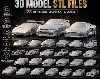 May include: A collection of 28 silver-toned 3D sport car models displayed on tiered platforms. The image features the text STLHouseCrafts, 3D MODEL STL FILES, and 28 DIFFERENT SPORT CAR MODELS, alongside icons indicating high detail, FDM, SLA, resin, and DLP compatibility.