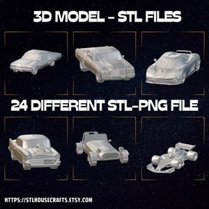 以下が含まれることがあります： さまざまな車のモデルの24種類の異なる3DモデルSTLファイルのコレクション。画像は、クラシックカー、スポーツカー、レーシングカーなど、6種類の異なる車のモデルを示しています。モデルはシルバーカラーでレンダリングされ、ポリゴンスタイルになっています。テキスト「3D MODEL - STL FILES」と「24 DIFFERENT STL-PNG FILE」は、画像の上部と中央に表示されます。ウェブサイトアドレス「HTTPS://STLHOUSECRAFTS.ETSY.COM」は、画像の下部に表示されます。