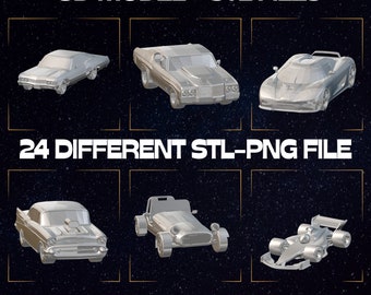 May include: A collection of 24 different 3D model STL files of various car models. The image shows six different car models, including a classic car, a sports car, and a race car. The models are rendered in a silver color and have a polygonal style. The text "3D MODEL - STL FILES" and "24 DIFFERENT STL-PNG FILE" is displayed at the top and middle of the image. The website address "HTTPS://STLHOUSECRAFTS.ETSY.COM" is displayed at the bottom of the image.