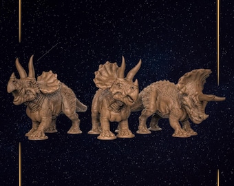 May include: Three brown triceratops models in dynamic poses. The image includes the text "Battle-Ready Triceratops Set - 3 Unique STL Models" and "Multiple Dynamic Poses • 3D Printable • Pre-Supported Files". The Etsy shop name is stlhousecrafts.etsy.com.