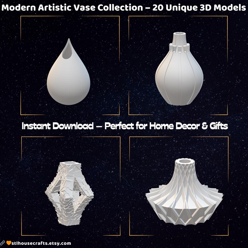 Pode incluir: Uma cole&ccedil;&atilde;o de quatro vasos brancos modelados em 3D com designs &uacute;nicos. A imagem inclui um vaso em forma de gota, um vaso bulboso com cristas verticais e dois vasos geom&eacute;tricos. O texto diz "Modern Artistic Vase Collection - 20 Unique 3D Models" e "Instant Download".