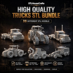 May include: A digital collection of 39 3D printable STL models featuring various trucks, tractors, and construction vehicles in a monochromatic grey finish. The text reads STLHouseCrafts, HIGH QUALITY TRUCKS STL BUNDLE, and 39 DIFFERENT STL MODELS.