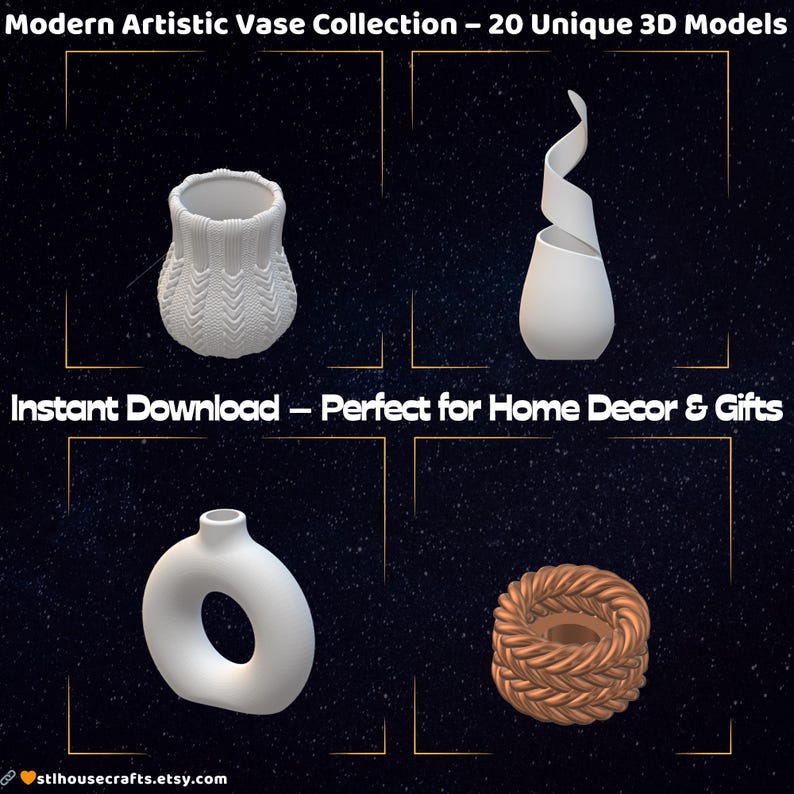 Pode incluir: Imagem com quatro modelos de vasos 3D exclusivos. Os vasos incluem um vaso branco texturizado em estilo de malha, um vaso espiral branco, um vaso branco em forma de donut e um vaso tran&ccedil;ado marrom. O texto "Modern Artistic Vase Collection" e "Instant Download" tamb&eacute;m s&atilde;o vis&iacute;veis.