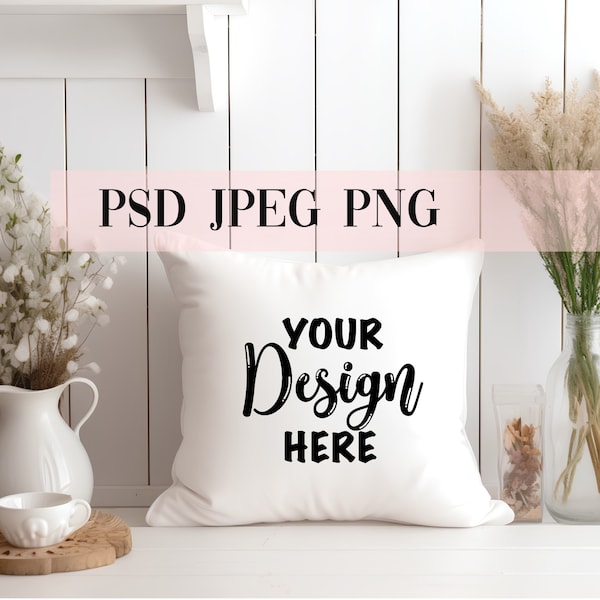 PSD Cushion Mock up, Square pillow mockup, Farm house boho scene, white pillow mockup, pillow stock photo, styled stock photo