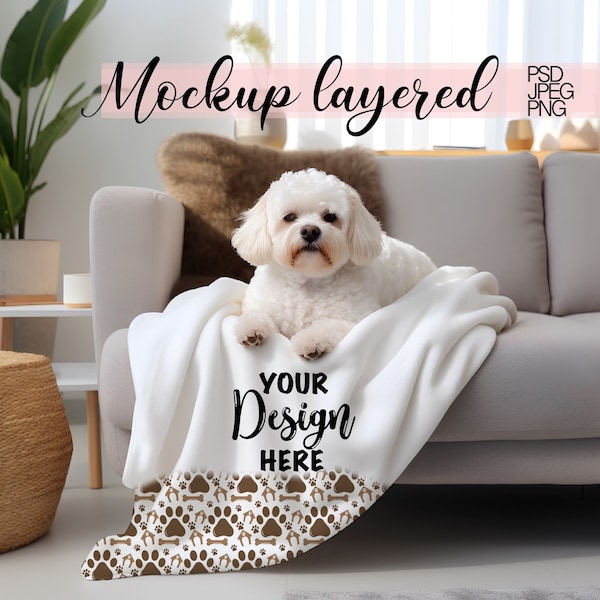 Fleece Blanket Mockup, White Fleece Blanket Mock-up, Pet Blanket Mock up, PSD Smart Object, Cockapoo Blanket Mockup