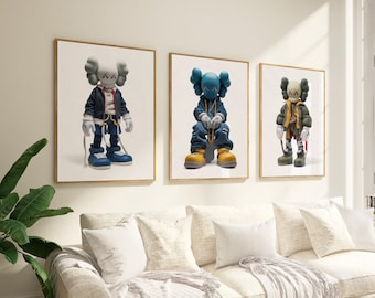 Lot de 3 affiches KAWS, impression minimaliste Hypebeast figurine Kaws, impression affiche Kaws, art mural Kaws, téléchargement numérique Graffiti Kaws