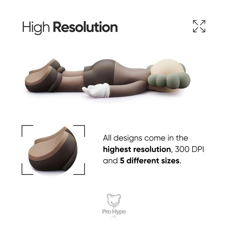 May include: A brown and tan figurine of a character lying down, with white gloves and a green head. The text "High Resolution" is at the top, and the text "All designs come in the highest resolution, 300 DPI and 5 different sizes" is at the bottom.
