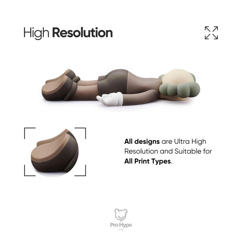May include: A brown and beige 3D model of a cartoon character lying down. The character has a green head and a white hand. The text "High Resolution" is at the top of the image. The text "All designs are Ultra High Resolution and Suitable for All Print Types." is below the model. The text "Pro Hype" is at the bottom of the image.