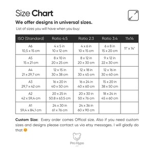 May include: A white size chart with black text detailing print sizes in inches and centimetres. Includes ISO, Ratio 4:5, Ratio 2:3, Ratio 3:4, and 11x14 formats. The chart also mentions custom sizes.