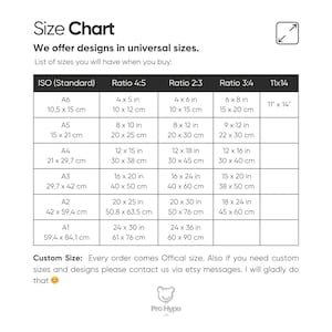 Puede incluir: Tabla de tallas para dise&ntilde;os imprimibles en varios tama&ntilde;os est&aacute;ndar, incluidos A6, A5, A4, A3, A2 y A1. La tabla enumera las dimensiones en pulgadas y cent&iacute;metros para cada tama&ntilde;o, con proporciones de 4:5, 2:3 y 3:4. Tambi&eacute;n incluye una opci&oacute;n de 11x14 pulgadas.