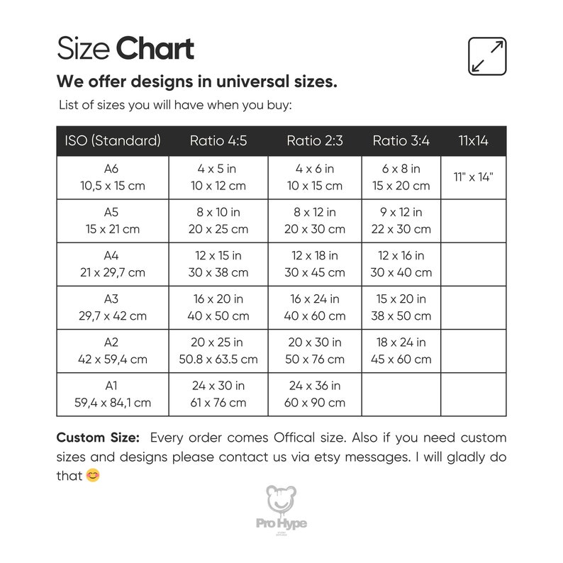 Puede incluir: Tabla de tallas para dise&ntilde;os imprimibles en varios tama&ntilde;os est&aacute;ndar, incluidos A6, A5, A4, A3, A2 y A1. La tabla enumera las dimensiones en pulgadas y cent&iacute;metros para cada tama&ntilde;o, con proporciones de 4:5, 2:3 y 3:4. Tambi&eacute;n incluye una opci&oacute;n de 11x14 pulgadas.