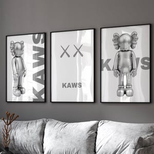 Kaws poster, Kaws print, Kaws wall art, Silver Kaws poster set of 3, Hypebeast decor, Silver Kaws Poster, Kaws gift poster, digital download