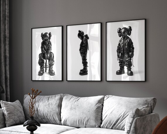 Grau Schwarz Kunstposter Schwarzweiße Kaws Drucke Poster 3er Set Kaws Kaws Figur Hypebeast Wandkunst Druckbare Kaws Figur Original
