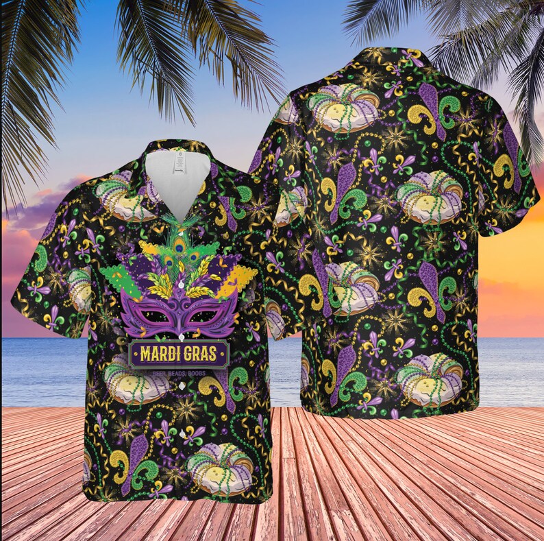 Mardi Gras Hawaiian Men Shirt, Happy Mardi Gras, Pattern Hawaiian Tee ...