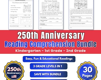 USA 250th Anniversary Reading Comprehension Bundle, Kindergarten First Second Grade Worksheets, July 4th Printable